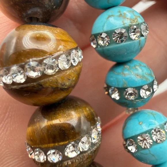 Turquoise Color & Tiger's Eye Bead Stretch Bracelets w/Banded Rhinestone Inlay - Picture 7 of 7